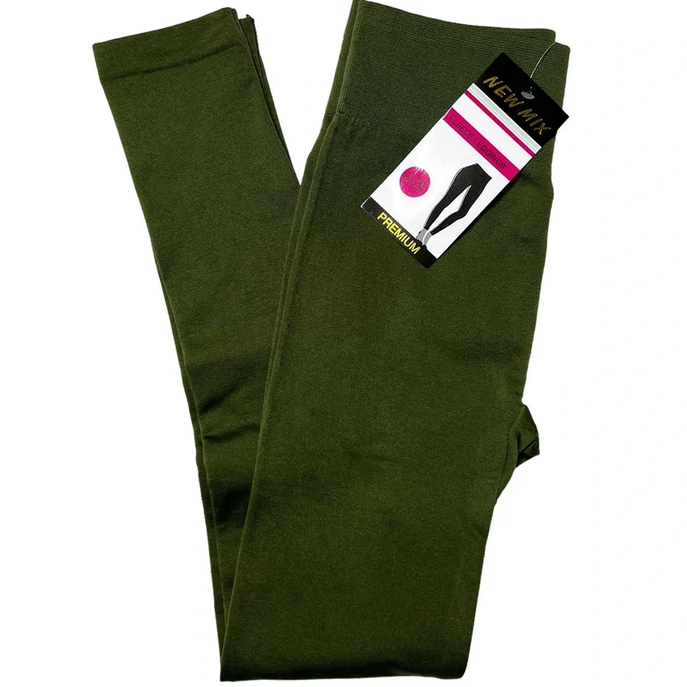 NWT New Mix Fleece Lined Hi Rise Full Length Seamless Leggings Olive Women’s OS